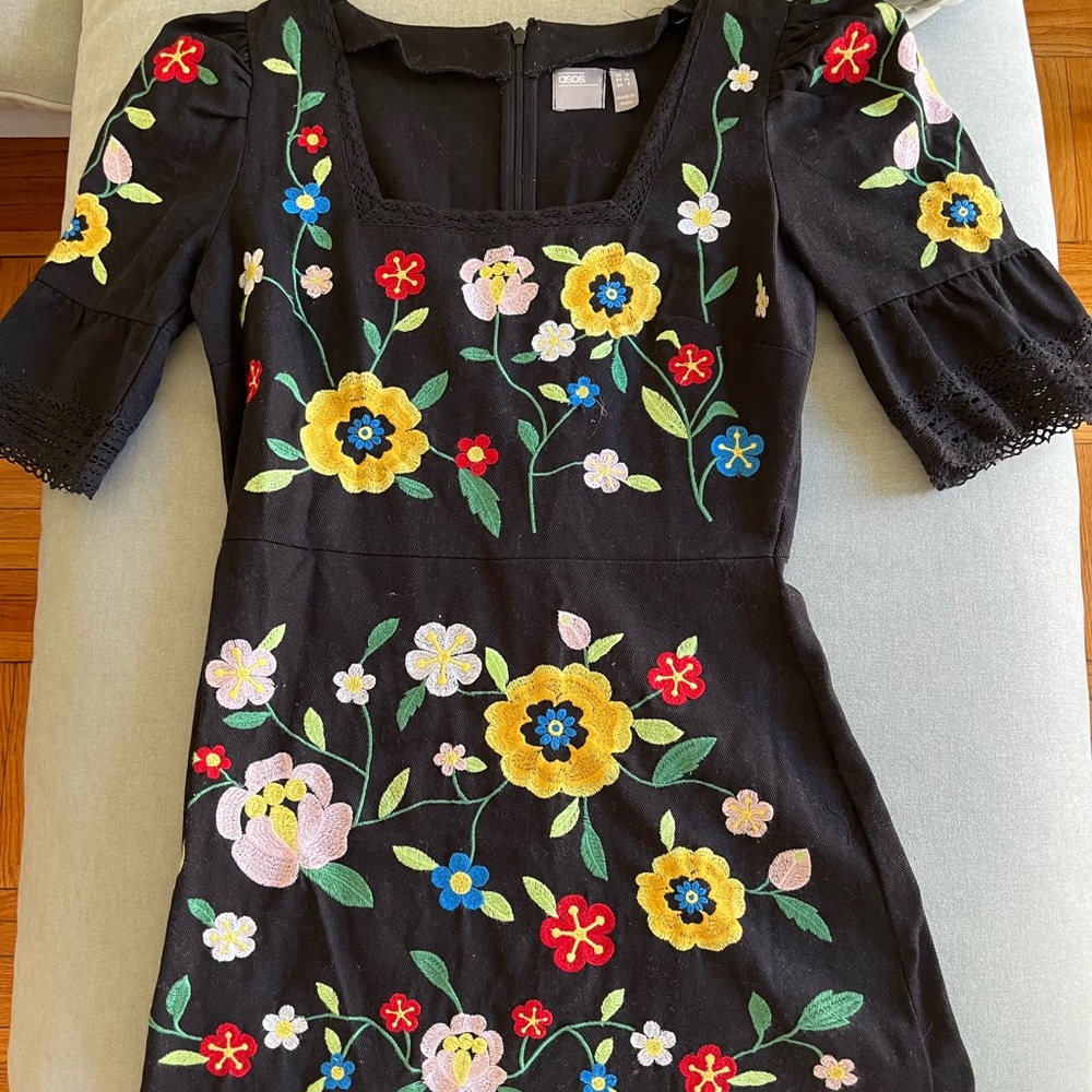 ASOS Black Dress with Multicolor Floral Embroidery